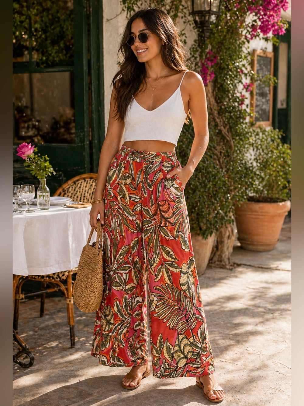 C&C California 100% Linen Wide Leg Pants S Tropical Print Resort